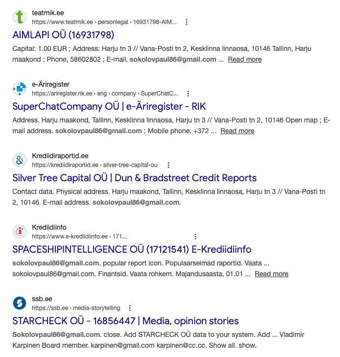 Screenshot of Google search results for the email address 'sokolovpaul86@gmail.com'. The results show this single Gmail address is publicly registered as the contact for multiple Estonian companies, including AIMLAPI OÜ, SuperChatCompany OÜ, Silver Tree Capital OÜ, and SPACESHIPINTELLIGENCE OÜ.